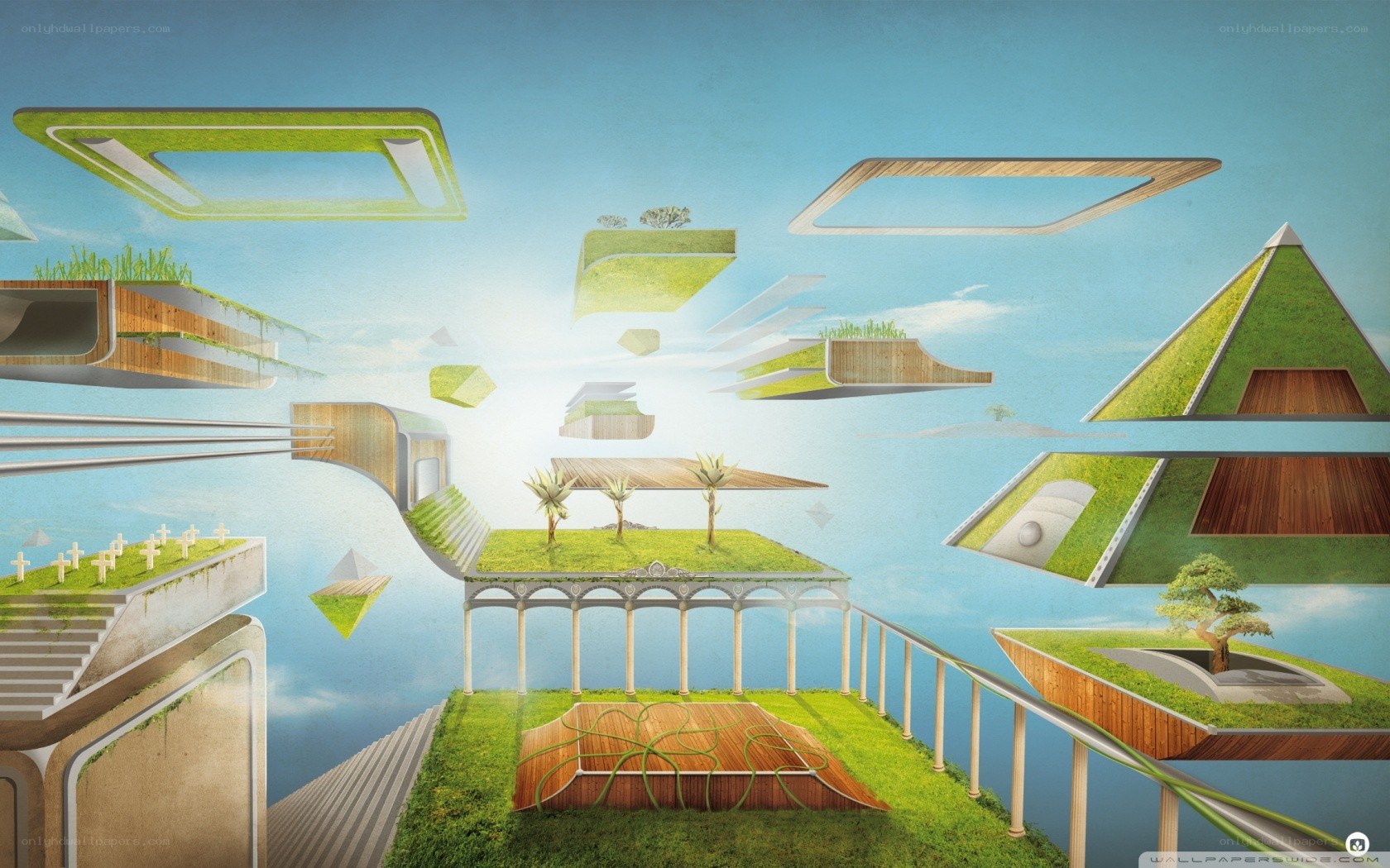 Floating green platforms in sky