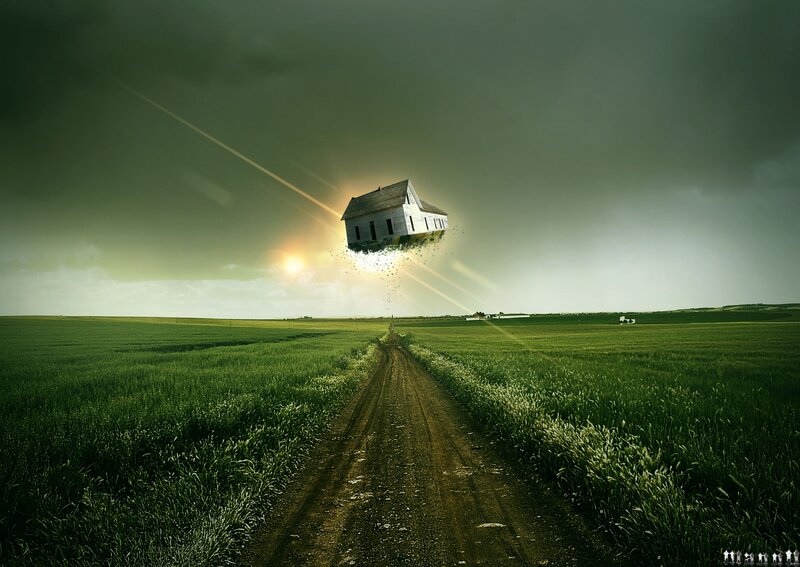 Floating House over Field — Green