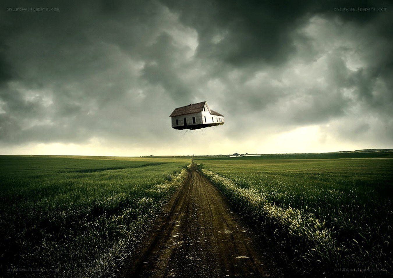 floating house over green field