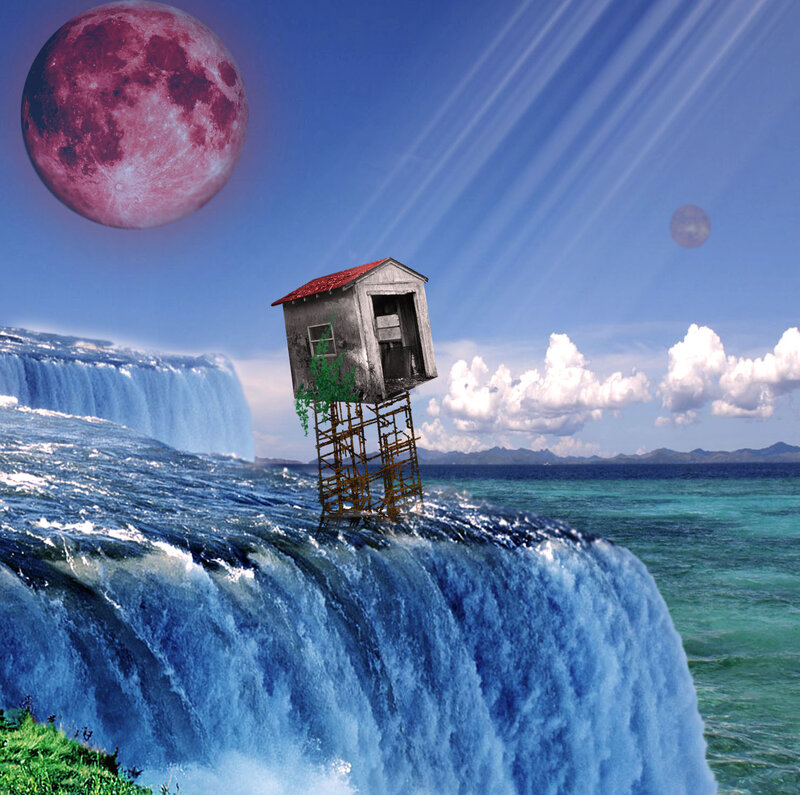 Floating house over waterfall