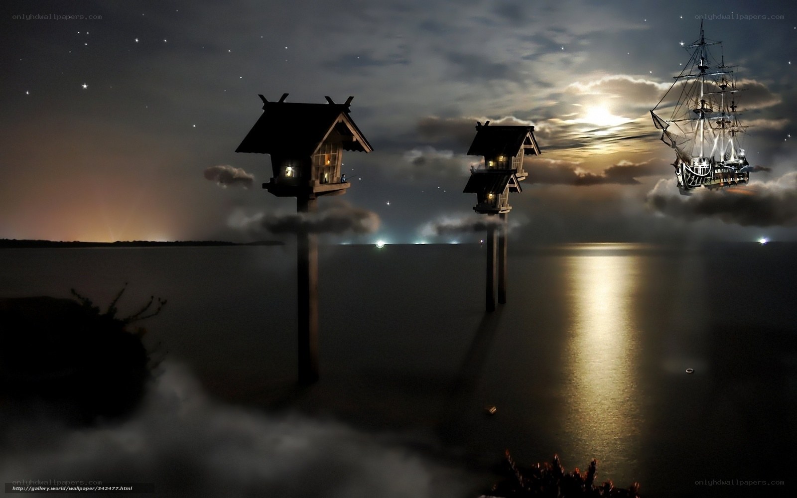 Floating houses and ship at night