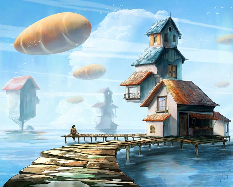 floating houses in a dreamy sky