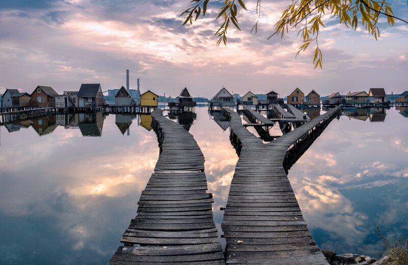 Floating Houses on Lake — Blue