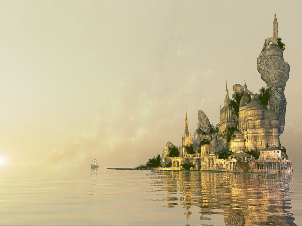 floating island castle at sunrise