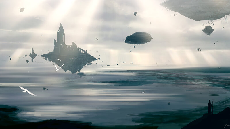 Floating Island Castle — Gray, Dramatic, Morning