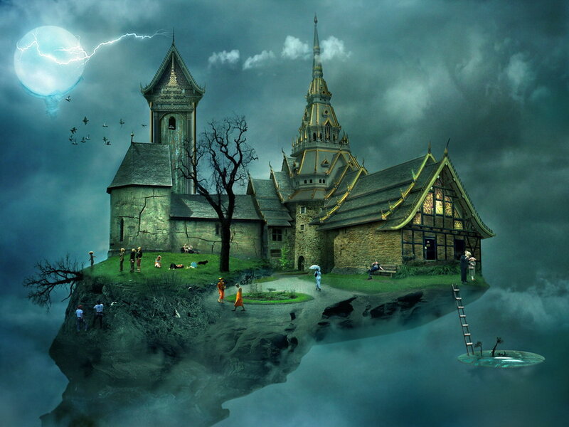 Floating Island Castle — Gray, Dramatic, Night