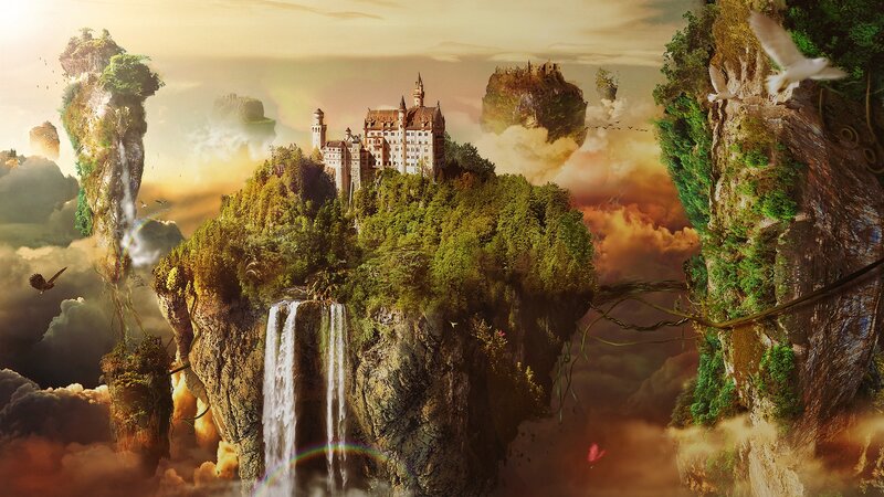 Floating Island Castle — Green, Fantastical, Sunset