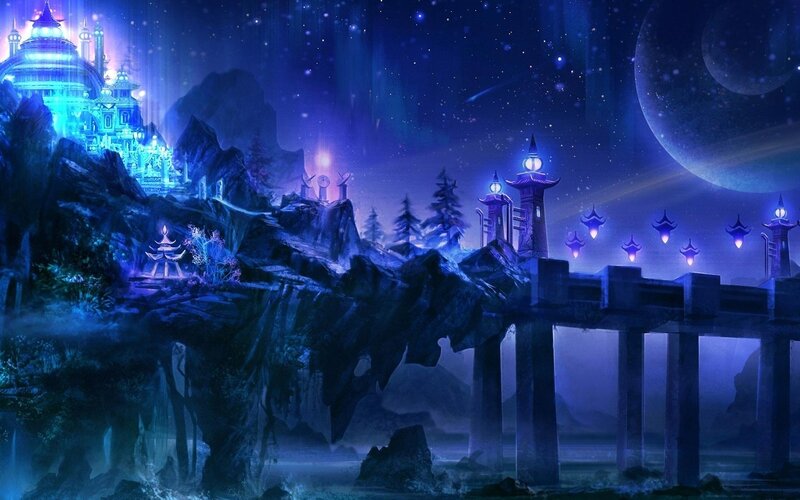 Floating Island City — Blue, Mystical, Night