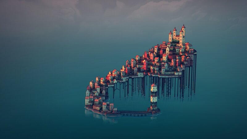Floating Island City — Blue, Serene, Sunset