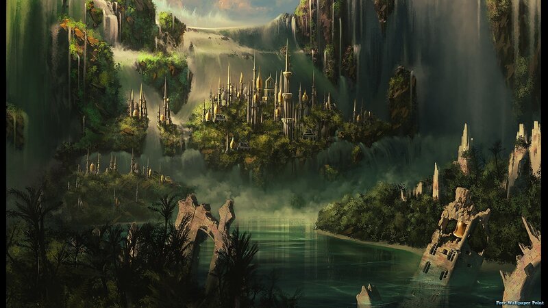 Floating Island City — Green, Dramatic, Digital Art