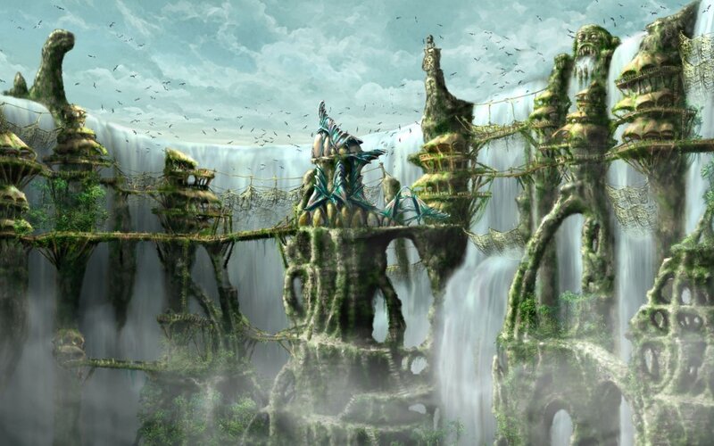 Floating Island City — Green, Dramatic, Digital Art, Waterfalls