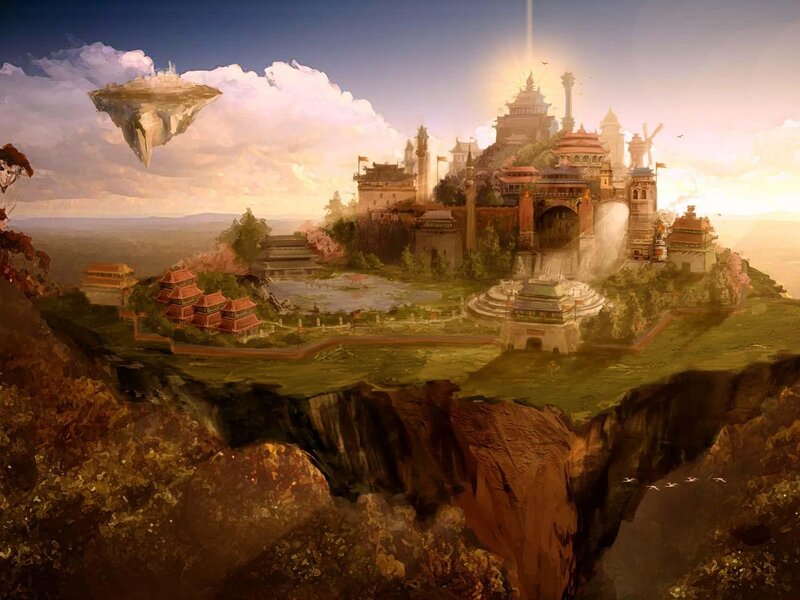 Floating Island City — Green, Dramatic, Sunrise