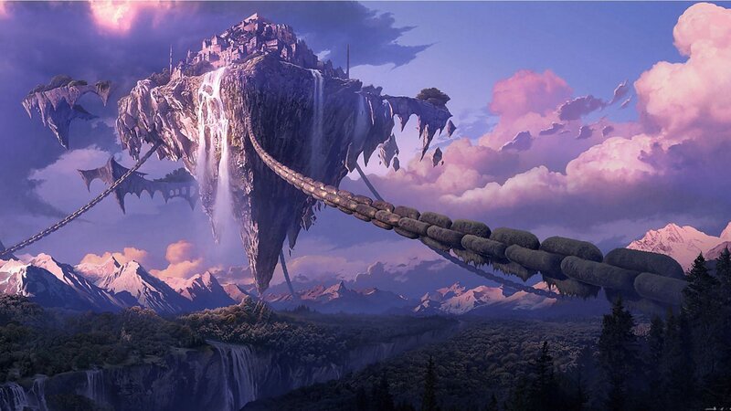 Floating Island Fortress — Purple, Dramatic, Sunset