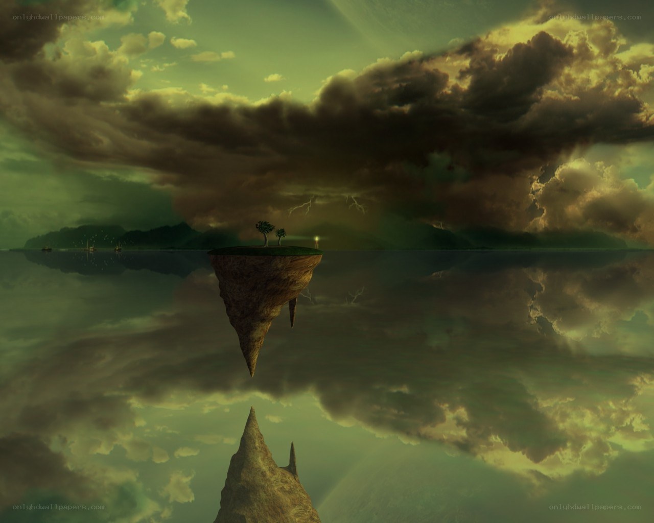 Floating island in stormy sky
