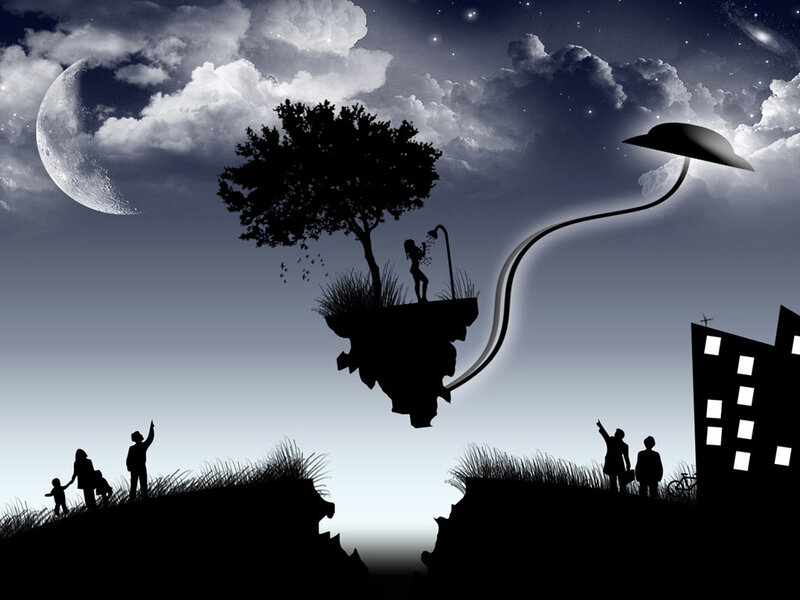floating island under moonlight