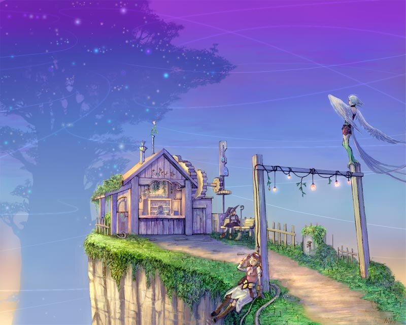 Floating island village at dusk