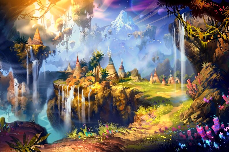 Floating Island Village — Blue, Fantastical