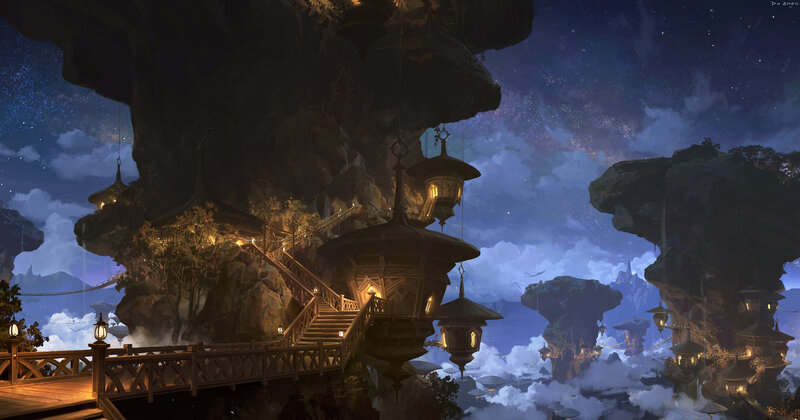 Floating Island Village — Blue, Serene, Night, Digital Art, Lamps