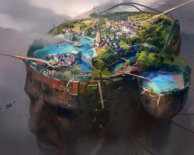 Floating Island Village — Green, Dramatic