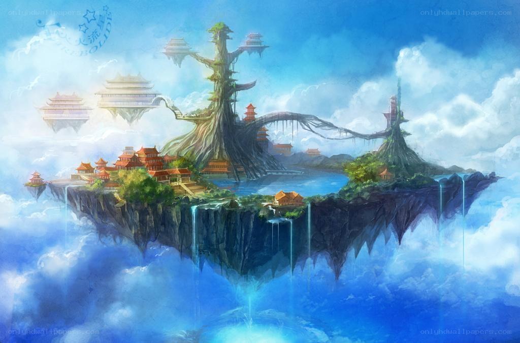 Floating island with ancient temple
