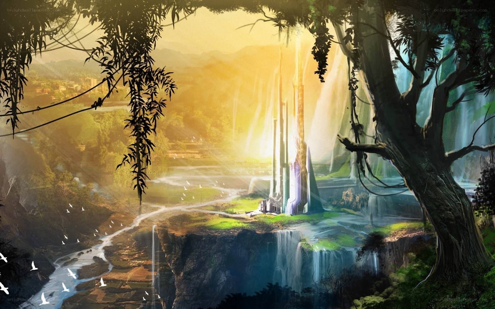 floating island with ancient towers