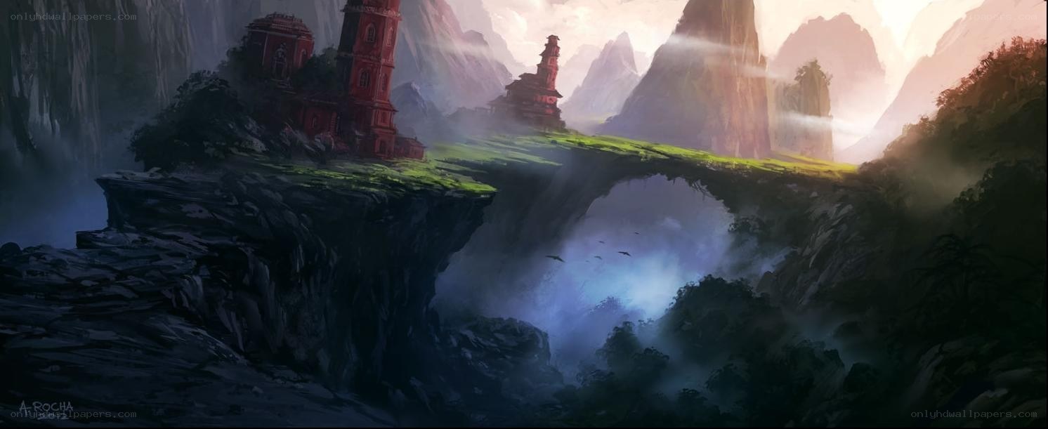 floating island with ancient towers