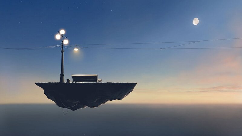 Floating Island with Bench — Blue, Serene, Night