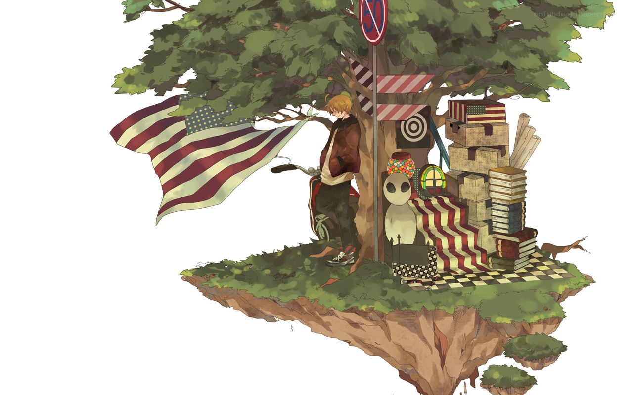 floating island with boy and flag