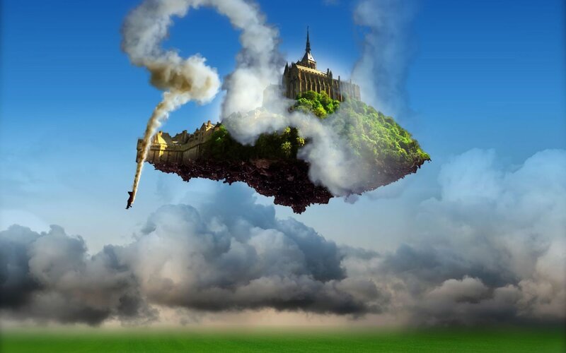 Floating Island with Castle — Blue, Fantastical, Afternoon, Digital Art, Clouds, Smoke