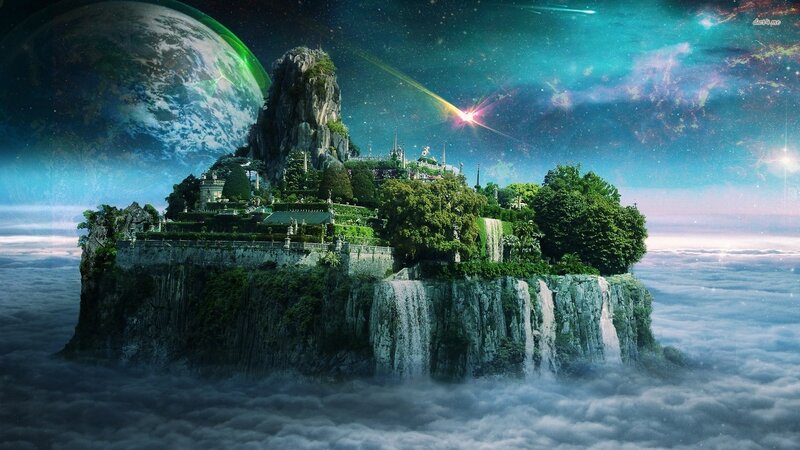 Floating Island with Castle — Blue, Fantasy, Night