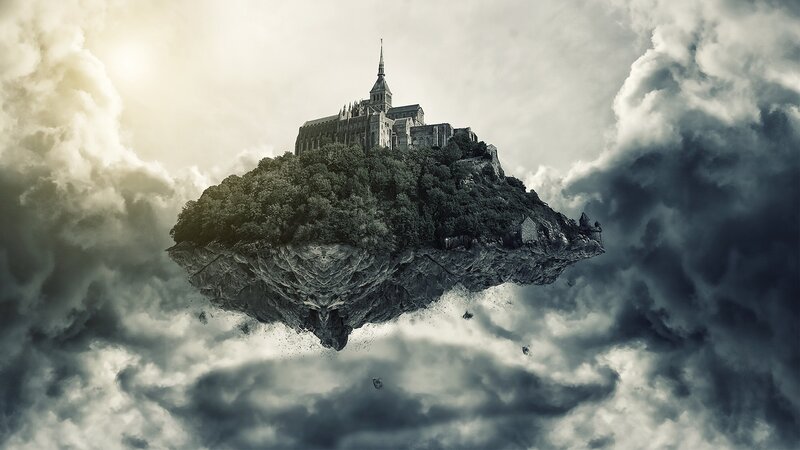 Floating Island with Castle — Gray, Dramatic, Digital Art, Clouds