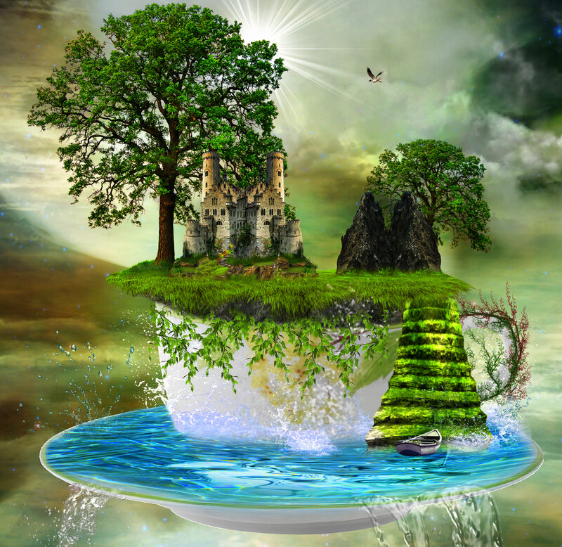 Floating Island with Castle — Green, Fantastical