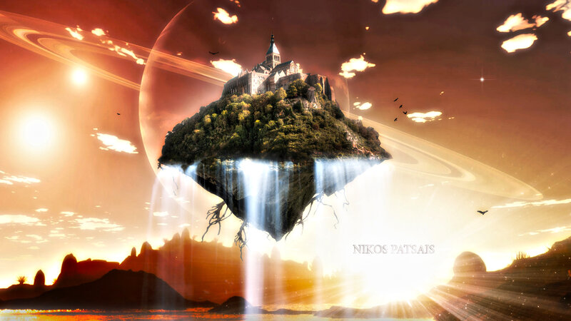 Floating Island with Castle — Orange, Dramatic, Sunset