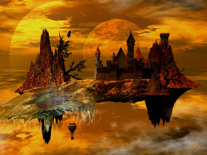 Floating Island with Castle — Orange, Dramatic