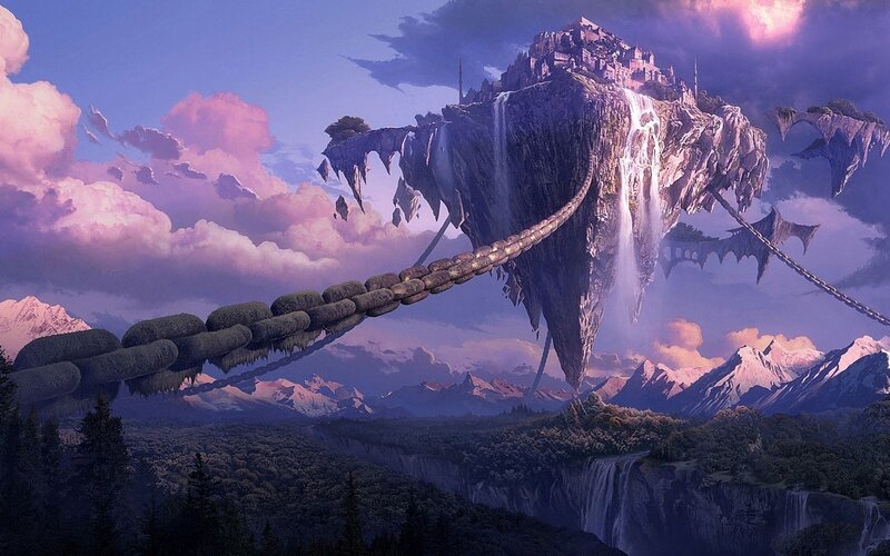 Floating Island with Castle — Purple, Dramatic, Sunset, Digital Art, Mountains, Chains