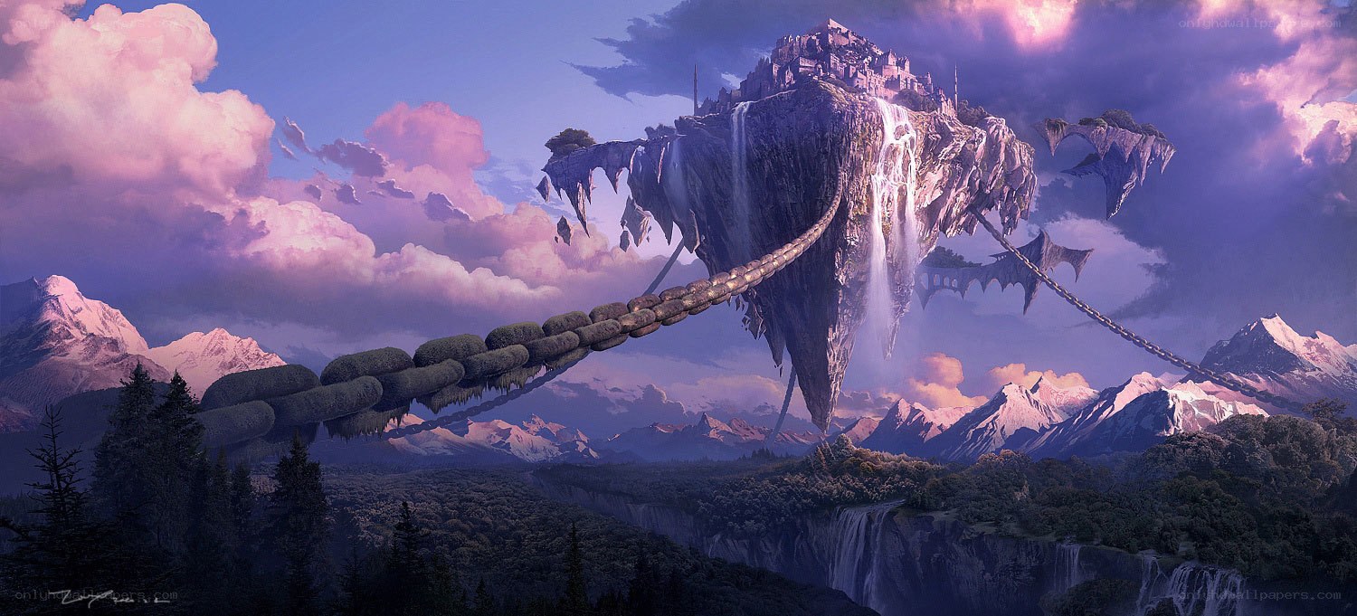 Floating island with chain bridge