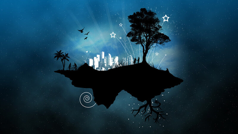 Floating Island with City — Blue, Dreamy