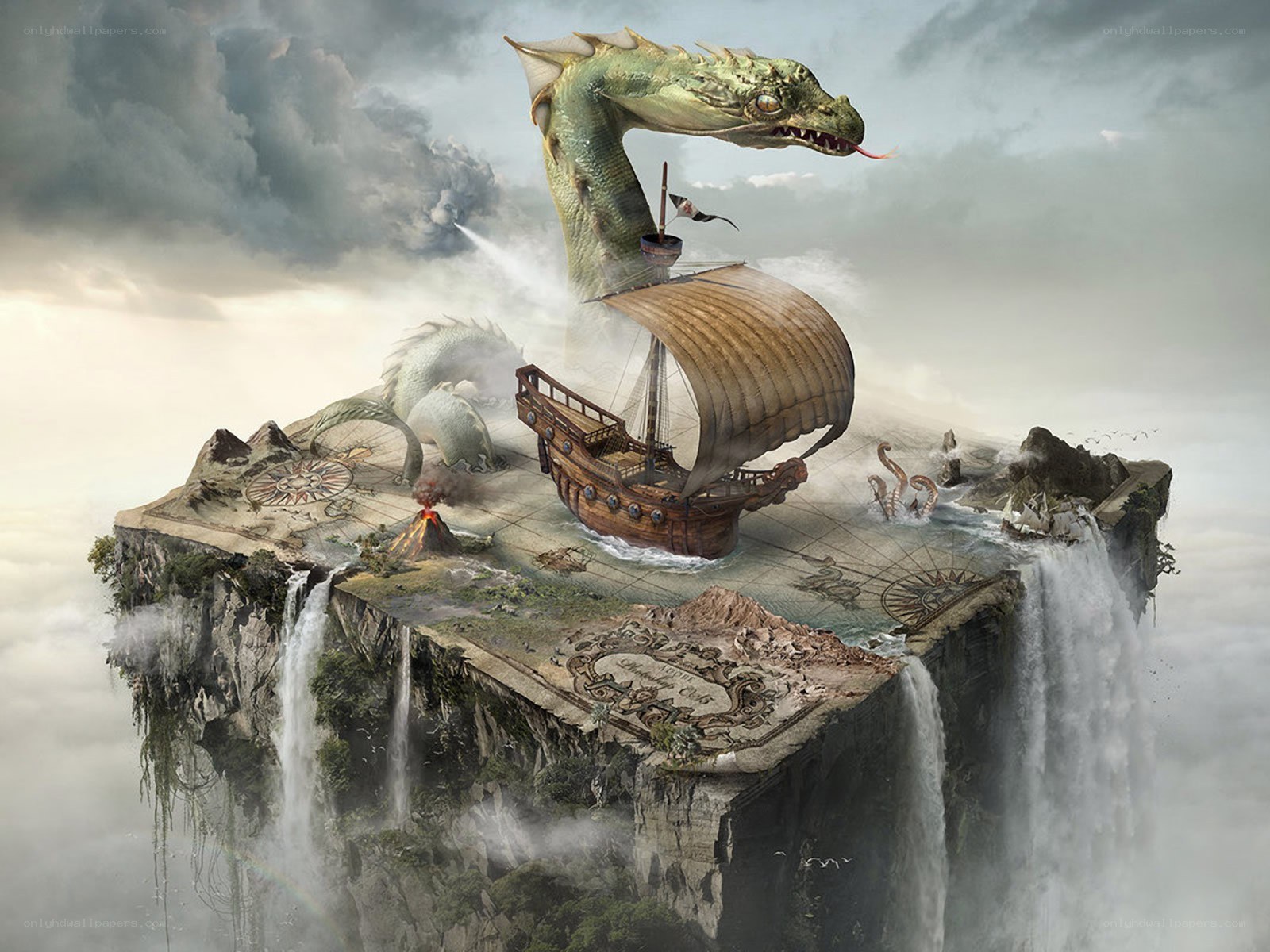 Floating island with dragon and ship