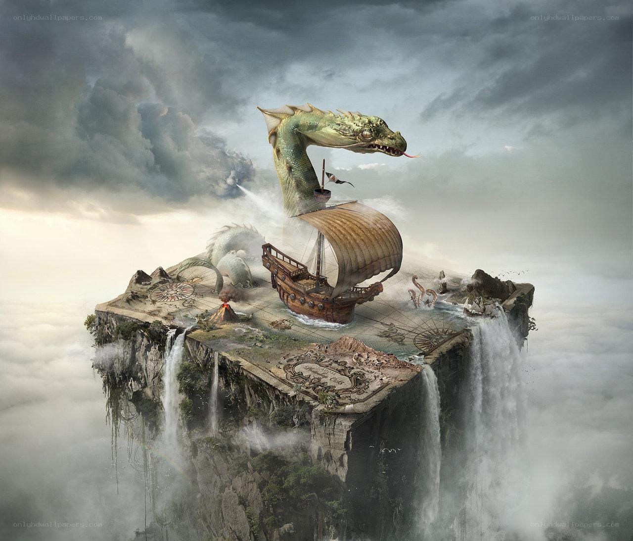 Floating island with dragon and ship
