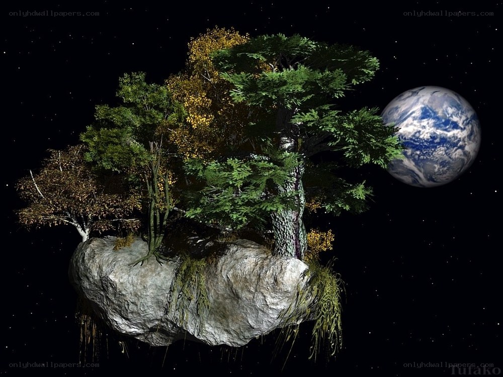 Floating island with Earth in background