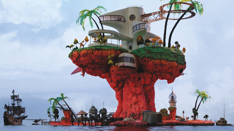 floating island with futuristic building