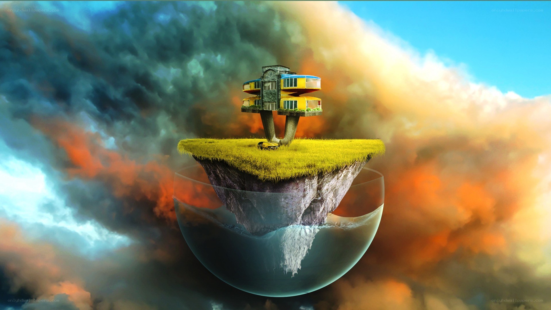floating island with futuristic house
