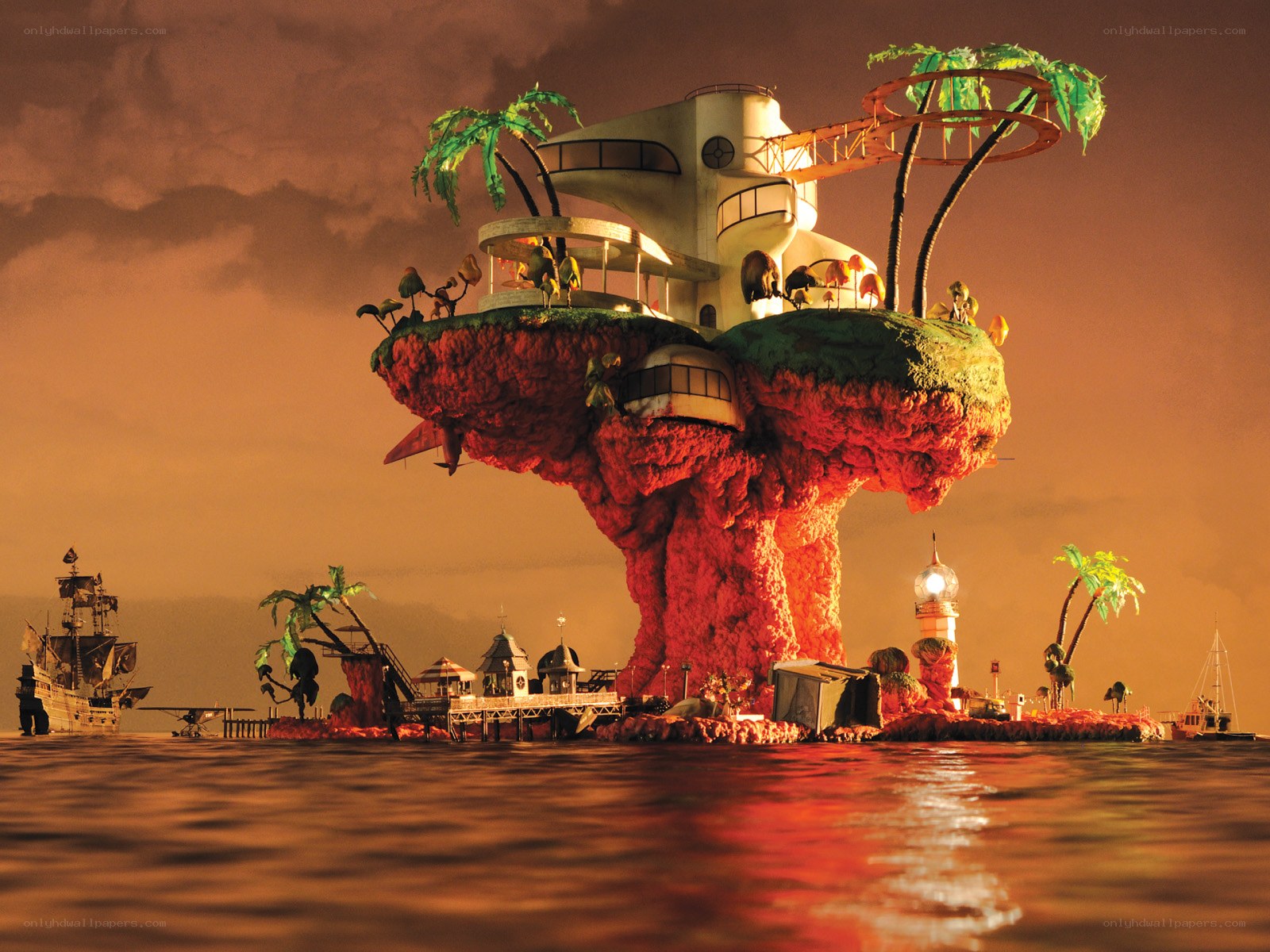 Floating island with futuristic structure