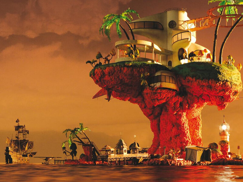 Floating island with futuristic structure