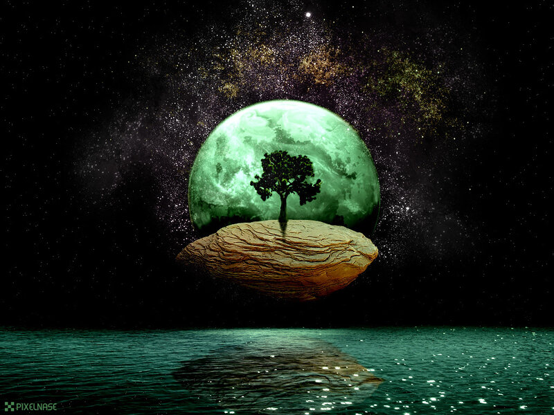 Floating island with green moon