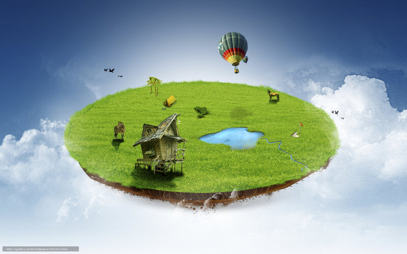 floating island with hot air balloon