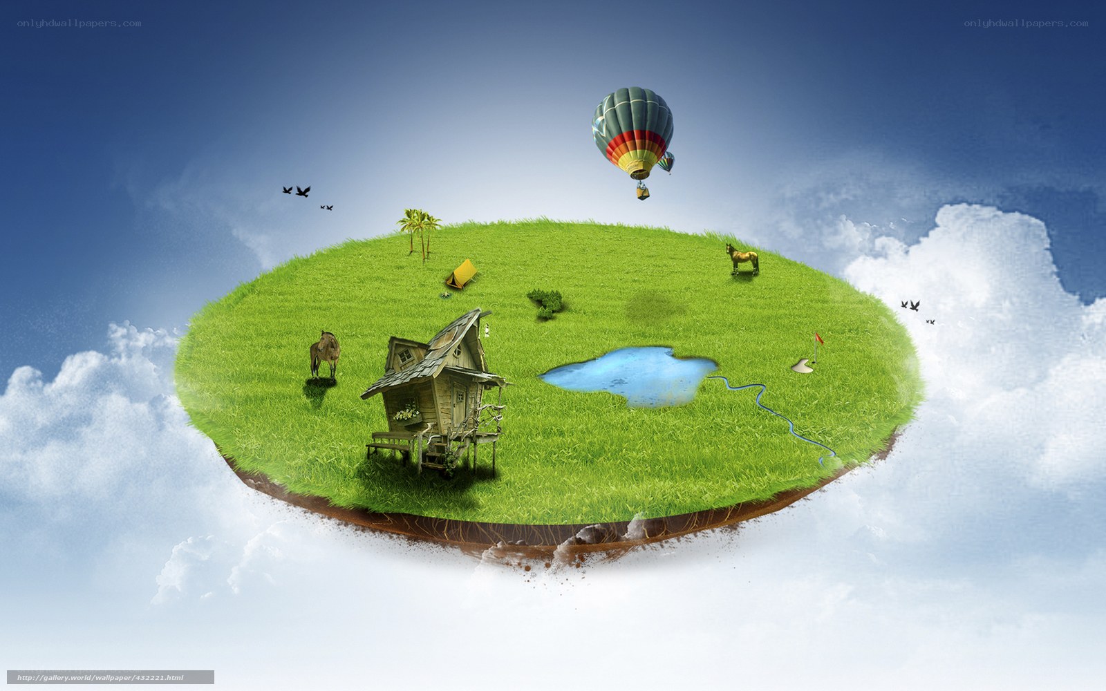floating island with hot air balloon