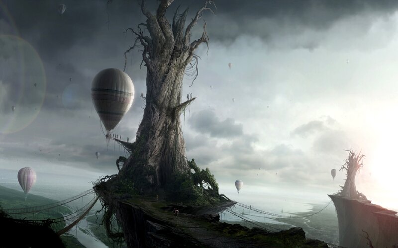 Floating island with hot air balloons