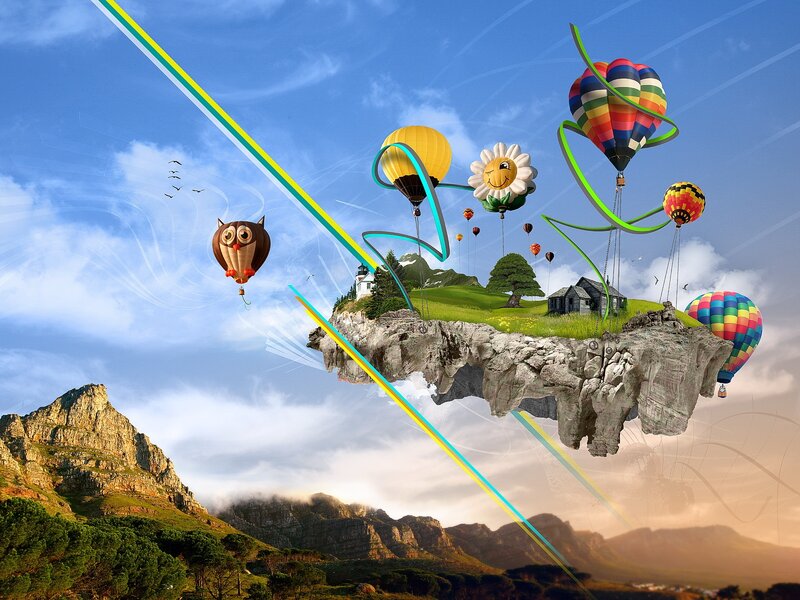Floating Island with Hot Air Balloons — Blue