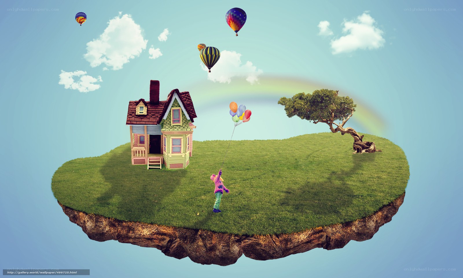 Floating island with house and balloons